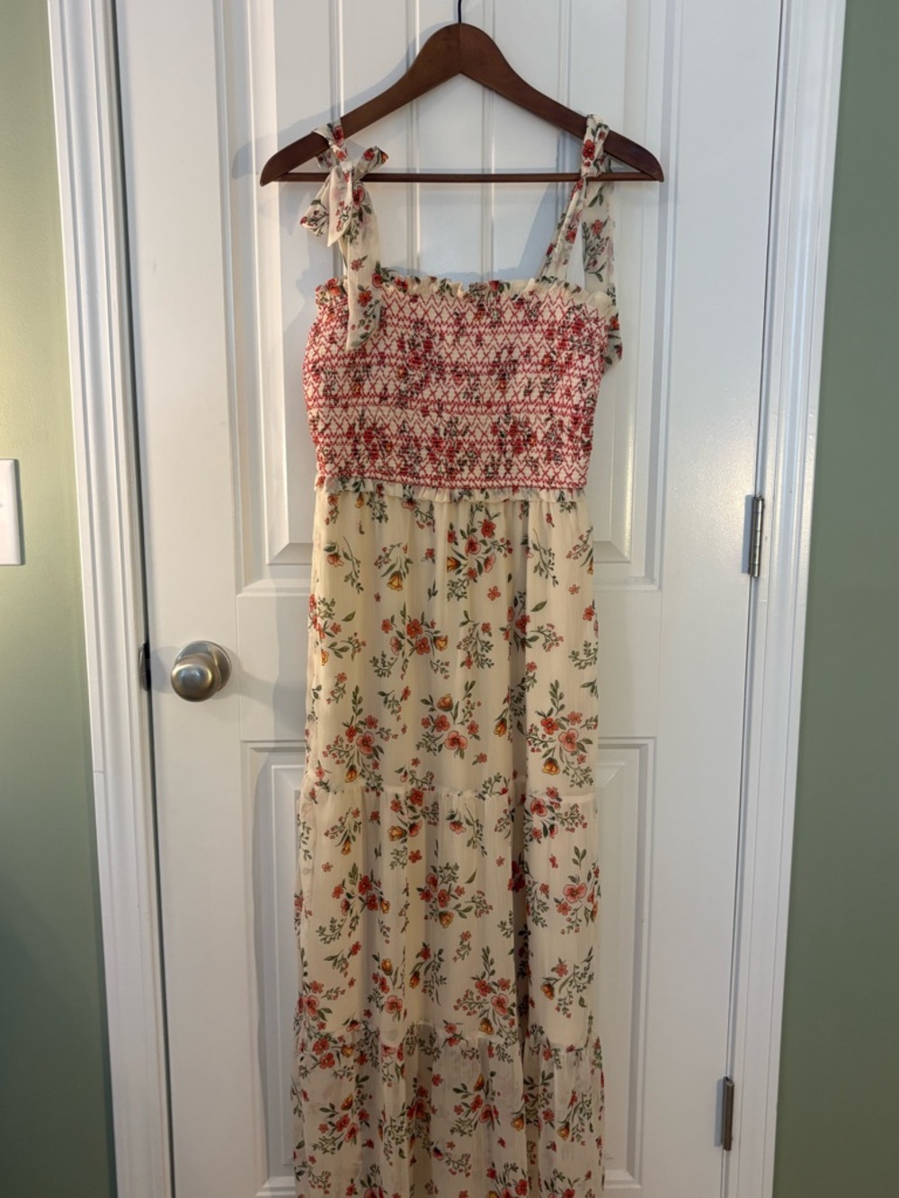 LC Lauren Conrad Cream Maxi Dress with Red Floral Smocked Bodice